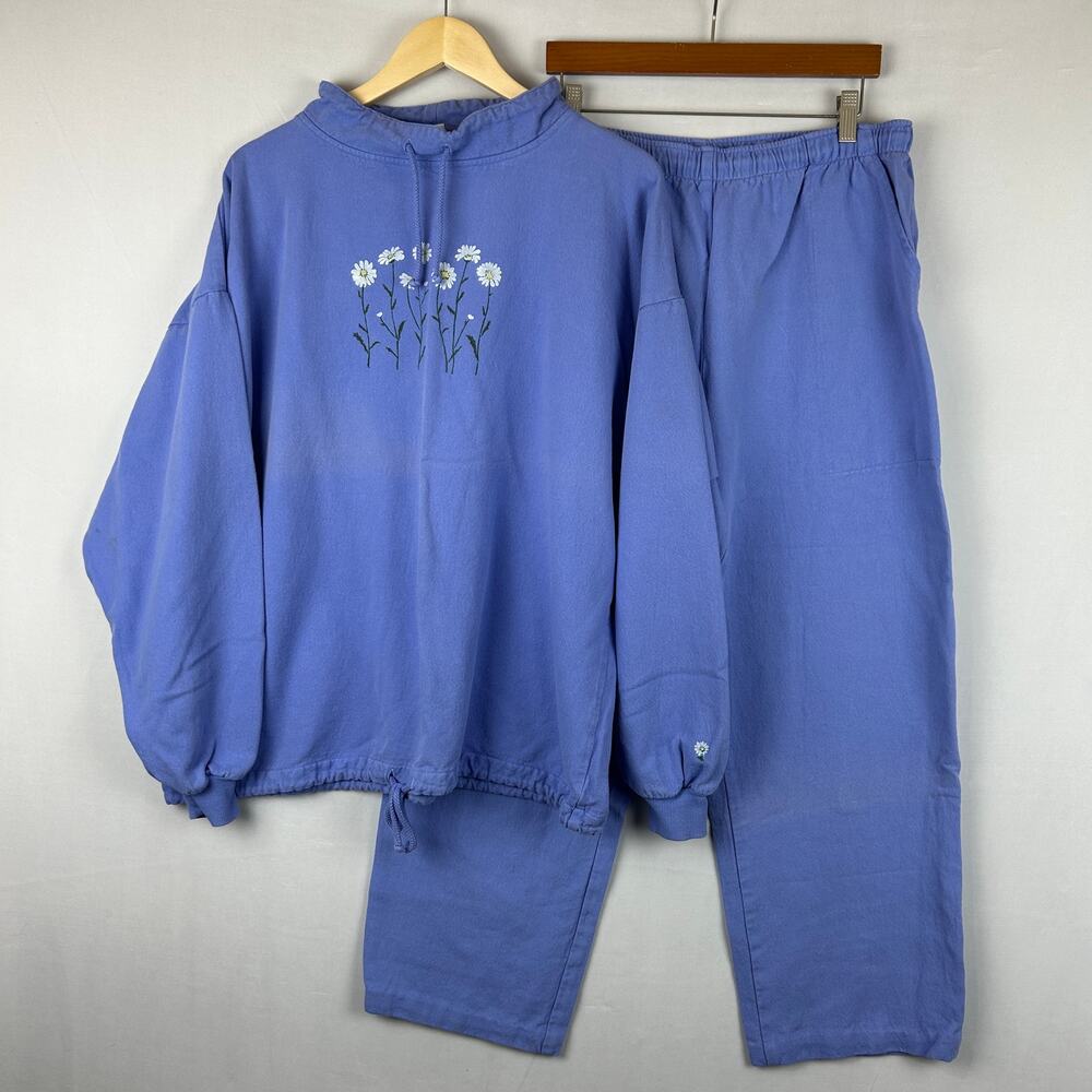 WEK Two Piece Sweatsuit Vintage Floral Outift Blue 90s Women's Size L/XL